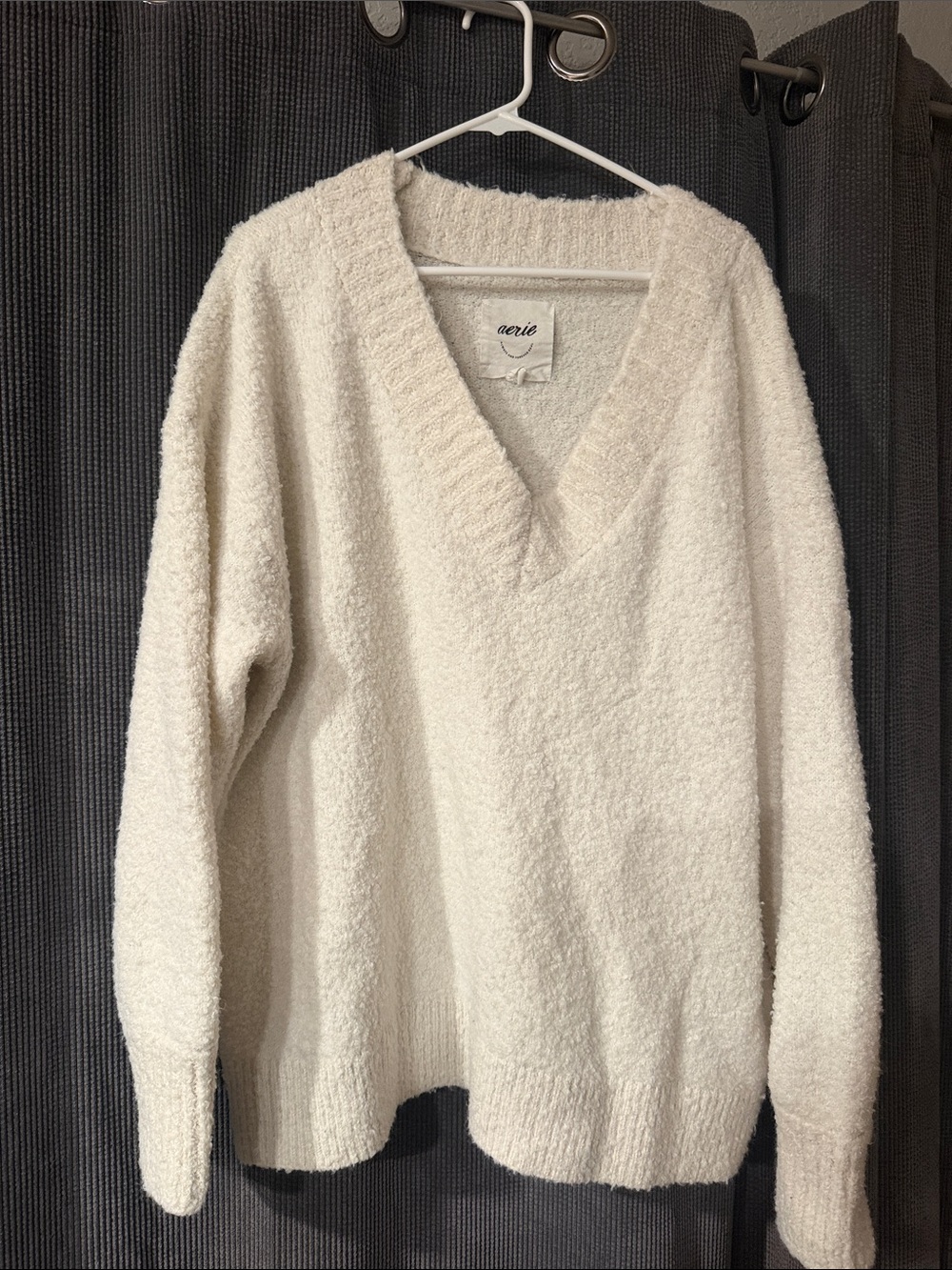 aerie Cream V-Neck Plush Knit Sweater